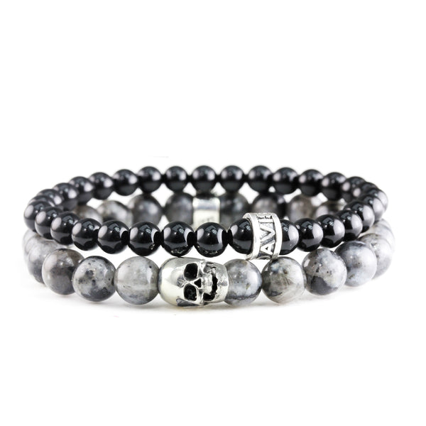 Bracelet Duo Skull Larvikite - Onyx Poli et argent