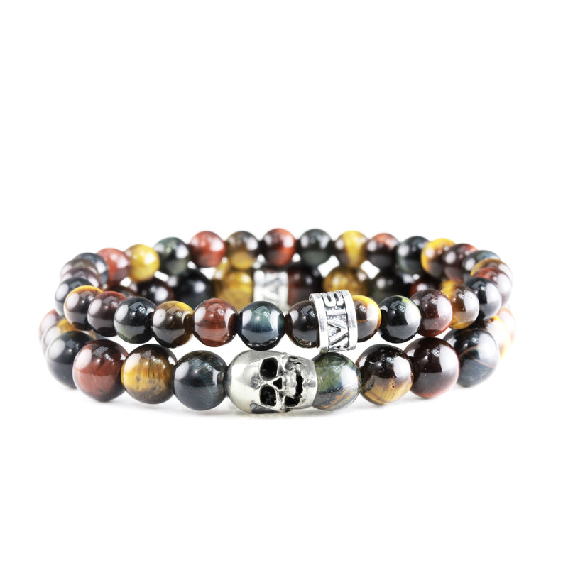 Bracelet Duo Skull Mix Oeil de Tigre et argent
