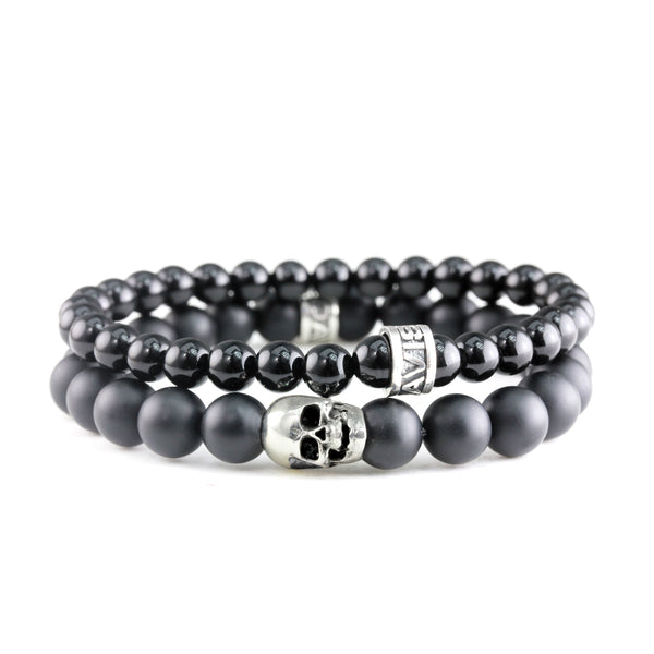 Bracelet Duo Skull Onyx Mate - Onyx Poli et argent