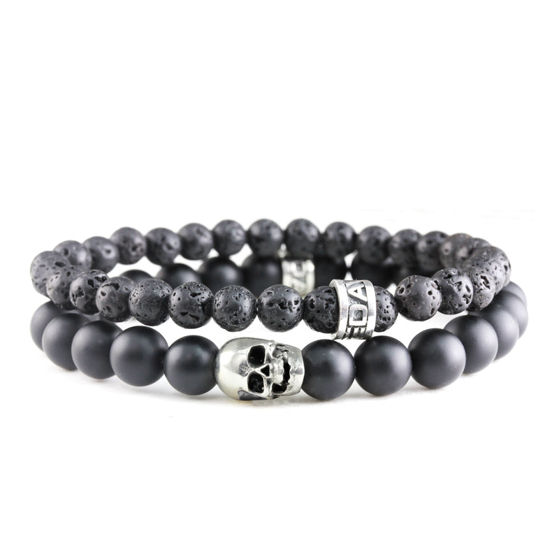 Bracelet Duo Skull Onyx Mate - Lava et argent