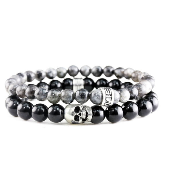 Bracelet Duo Skull Onyx Poli - Larvikite