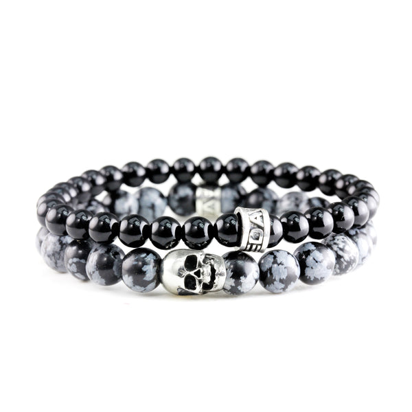 Bracelet Duo Skull Snow Flake - Onyx Poli et argent