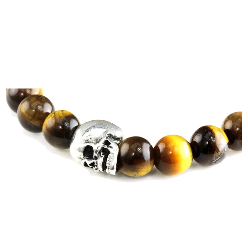 Bracelet Skull Oeil de Tigre Jaune et argent