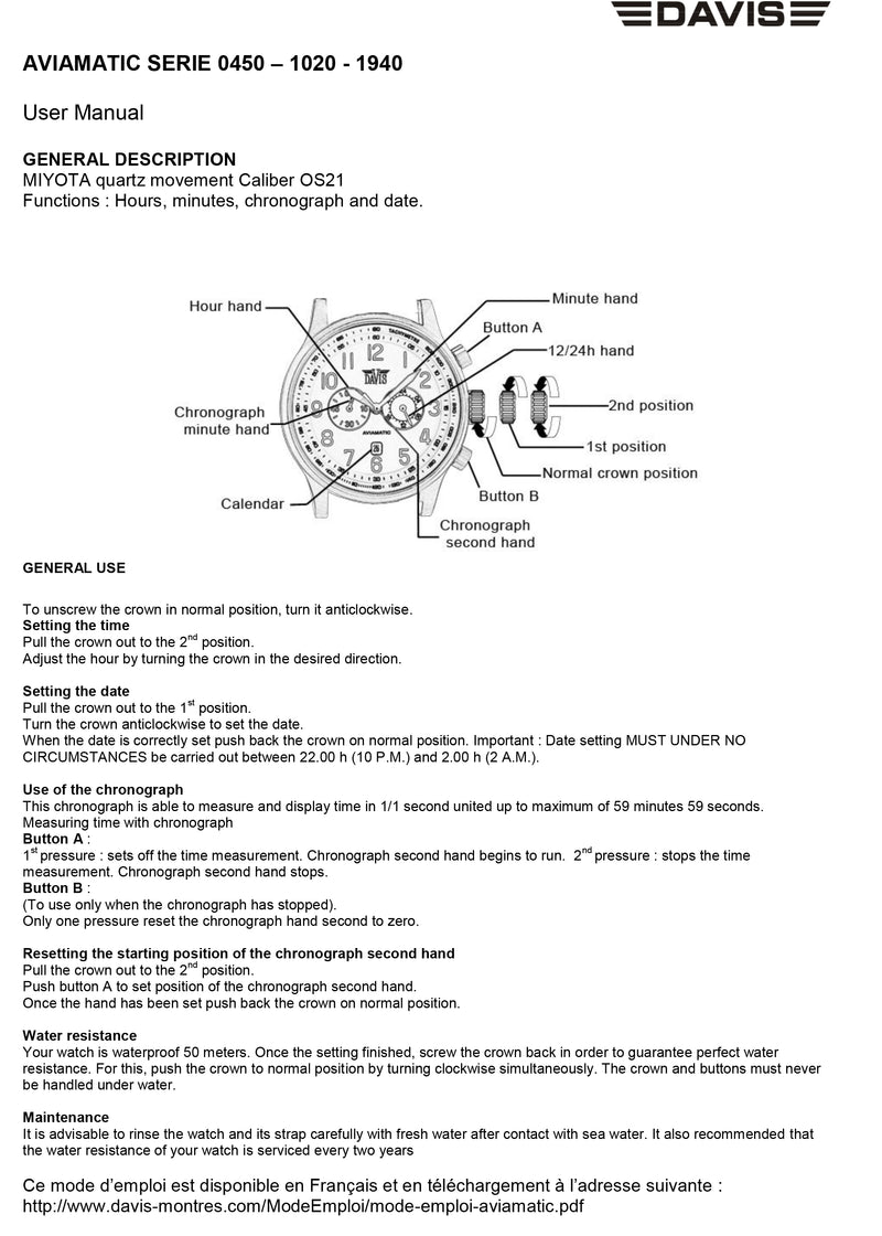 mode d'emploi Montre Aviateur - 0450 - 1020 - 1940