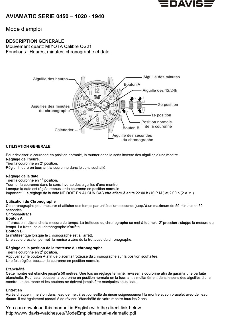 mode d'emploi Montre Aviateur - 0450 - 1020 - 1940